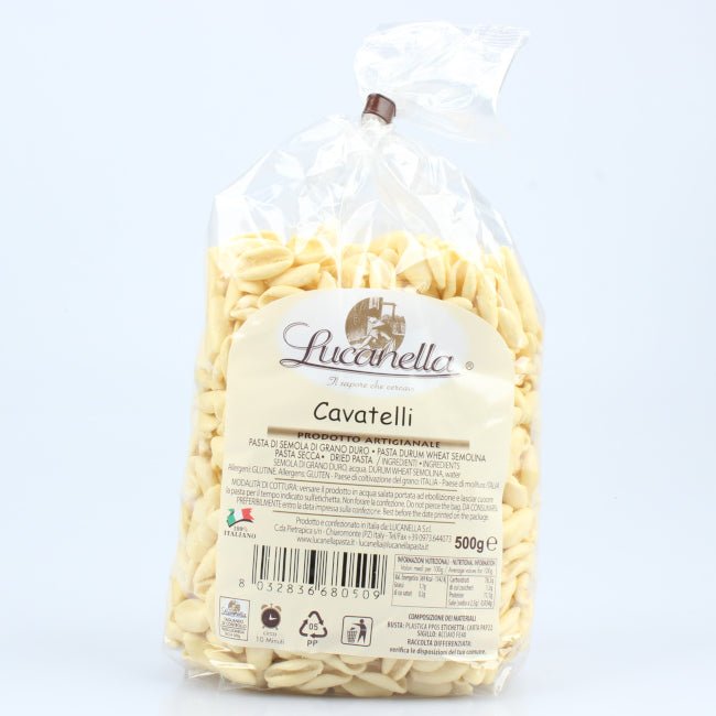 Cavatelli artigianali del Pastificio Lucanella, pasta tipica della Basilicata realizzata con semola di grano duro selezionata e lavorata secondo la tradizione lucana.