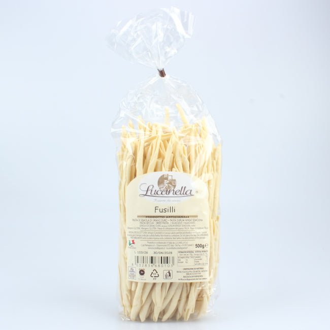 Fusilli Ferricelli Lucani del Pastificio Lucanella, pasta artigianale della Basilicata realizzata con semola di grano duro secondo la tradizione lucana.