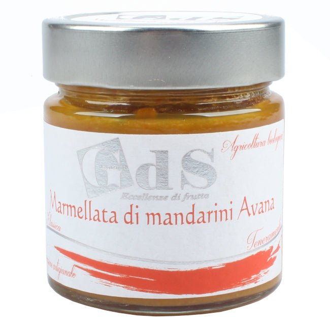 Vasetto di marmellata artigianale di mandarini Avana con scorze tagliate a mano, poco zucchero e profumo intenso degli agrumi mediterranei. Prodotto Biologico della Basilicata