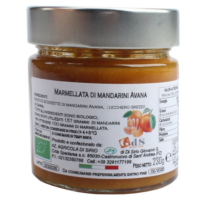 Marmellata di mandarini Avana biologica realizzata con agrumi freschi non frullati, lavorati artigianalmente a Castronuovo di Sant'Andrea. Prodotto Lucano di Giovanni di Sirio