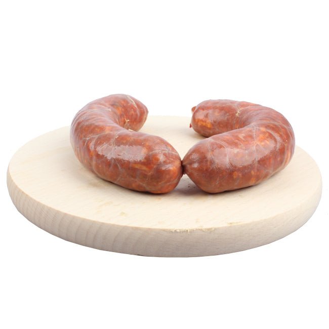 Salsiccia fresca di Corleto Perticara preparata con carne suina locale e aromatizzata con sale, pepe e finocchietto selvatico secondo la tradizione lucana.
