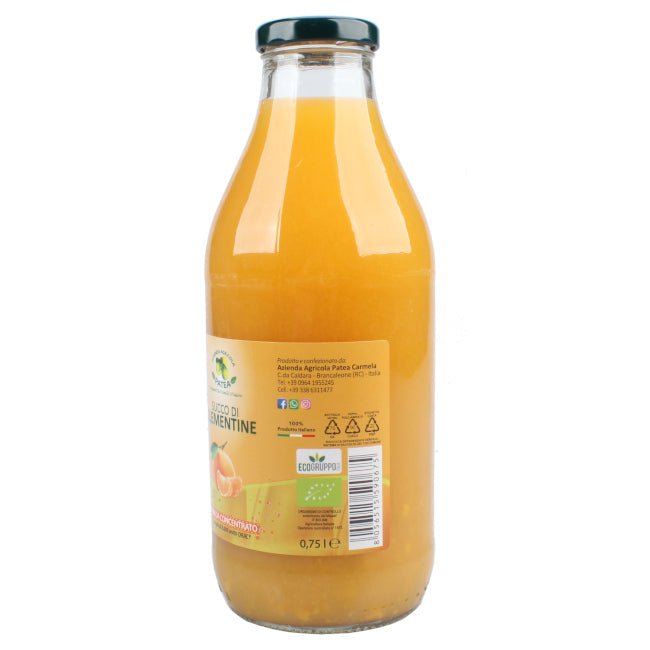 Succo di clementine biologiche ottenuto da clementine fresche della Calabria , 100% puro e senza zuccheri aggiunti.