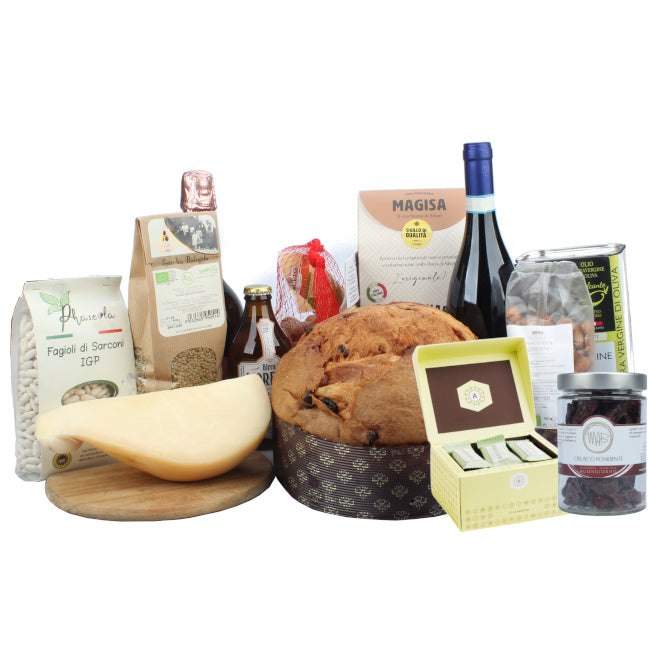 Box degustazione Basilicata con eccellenze lucane: peperone crusco, caciocavallo podolico, salumi artigianali e vino Aglianico del Vulture selezionati da produttori locali.