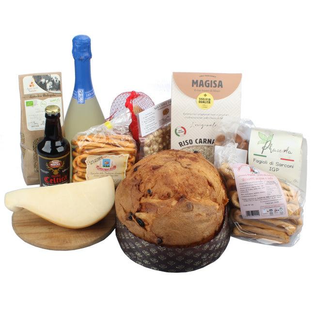 Box gastronomico con prodotti tipici lucani — salumi artigianali, formaggi, olio extravergine, vino Aglianico del Vulture e specialità della Basilicata selezionate da piccoli produttori locali — scopri i sapori autentici del Sud Italia con Sudrise.