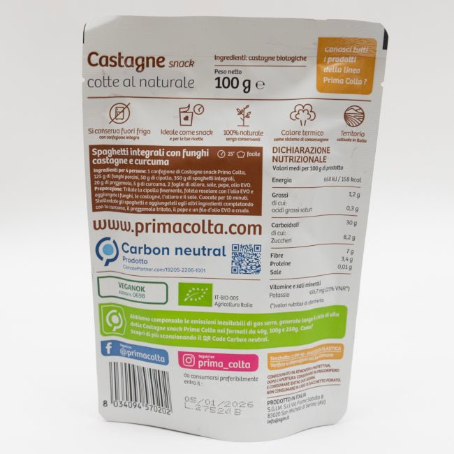 Snack di castagne biologiche Prima Colta, castagne italiane cotte al naturale ideali per snack sano e ricette dolci o salate.