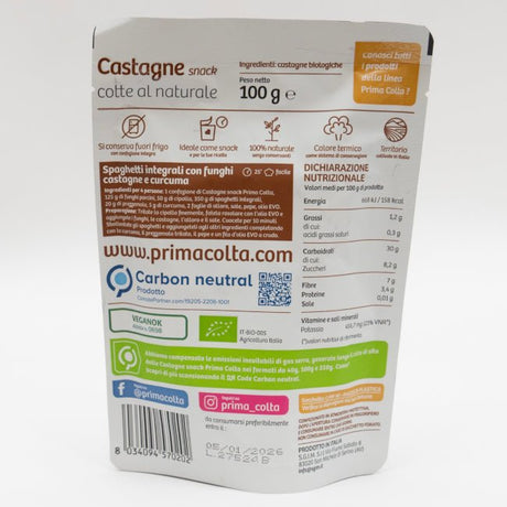 Snack di castagne biologiche Prima Colta, castagne italiane cotte al naturale ideali per snack sano e ricette dolci o salate.