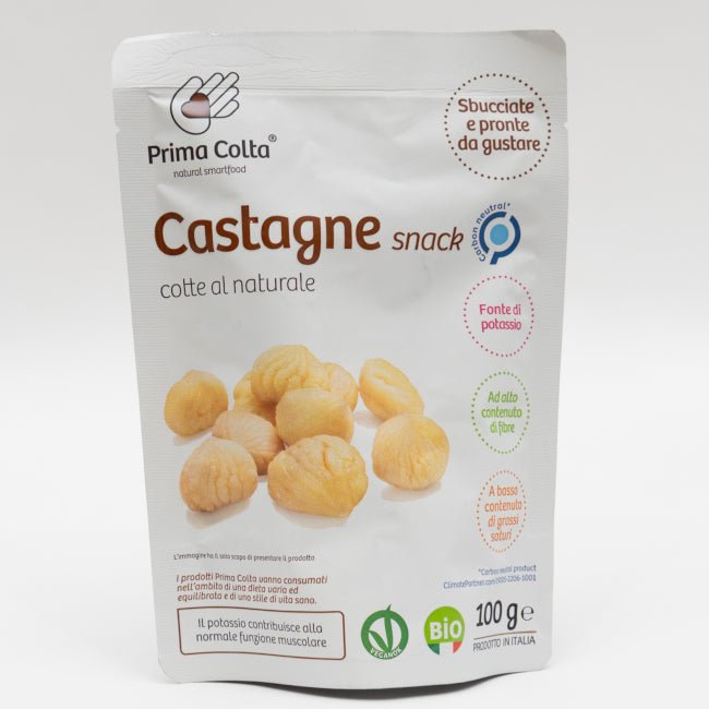 Castagne Snack biologiche Prima Colta da Castagna di Serino IGP, cotte al naturale, snack vegano ricco di fibre e potassio.