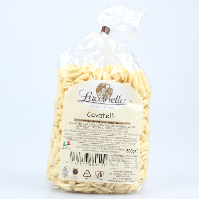 Cavatelli artigianali del Pastificio Lucanella, pasta tipica della Basilicata realizzata con semola di grano duro selezionata e lavorata secondo la tradizione lucana.