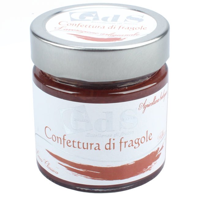 Confettura biologica di fragole prodotta a Castronuovo di Sant'Andrea, in Basilicata, con fragole raccolte e trasformate in giornata.