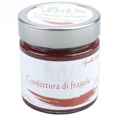 Confettura biologica di fragole prodotta a Castronuovo di Sant'Andrea, in Basilicata, con fragole raccolte e trasformate in giornata.