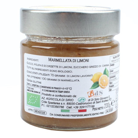 Marmellata di limoni biologica realizzata con agrumi freschi non frullati, preparata artigianalmente con pochi ingredienti e alta percentuale di frutta. Prodotto Lucano Biologico