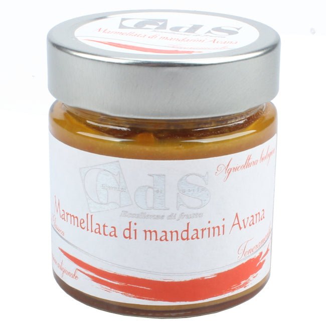 Marmellata biologica di mandarini Avana prodotta in Basilicata con agrumi raccolti a piena maturazione e trasformati nella stessa giornata. Prodotto Biologico Lucano