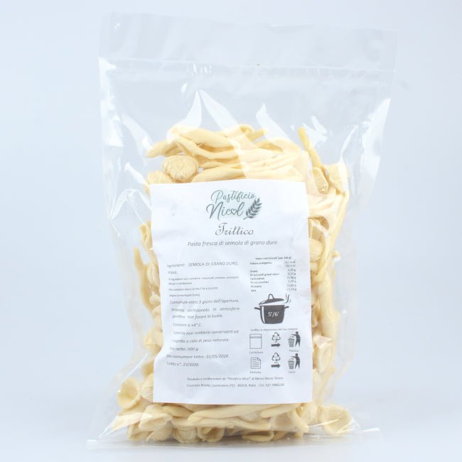 Trittico di pasta fresca artigianale: selezione di formati tipici prodotti a Laurenzana.