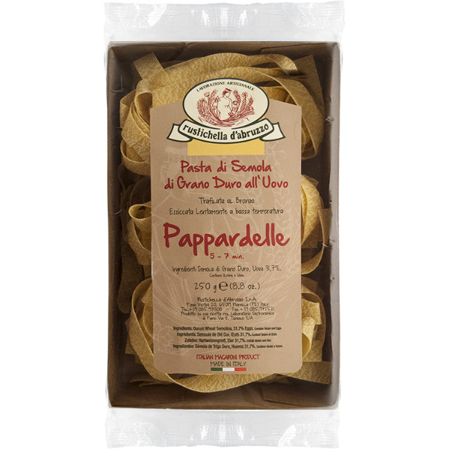 Pappardelle all'Uovo Rustichella d'Abruzzo 250g, pasta artigianale italiana di semola di grano duro e uova.